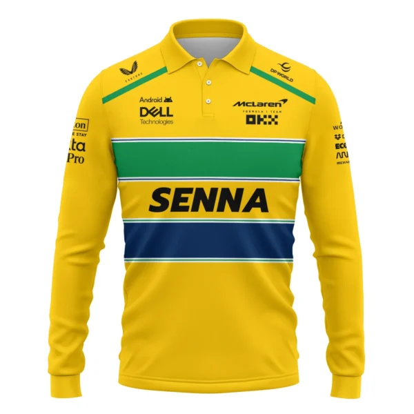 Ayrton Senna Flag And Helmet McLaren F1 Exclusive Long Polo Shirt BLF13625A4LPL - Image 2